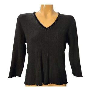 August Silk 70%‎ Silk Ribbed Stretch Velvet Bead Trimmed VNeck Pullover XL Black